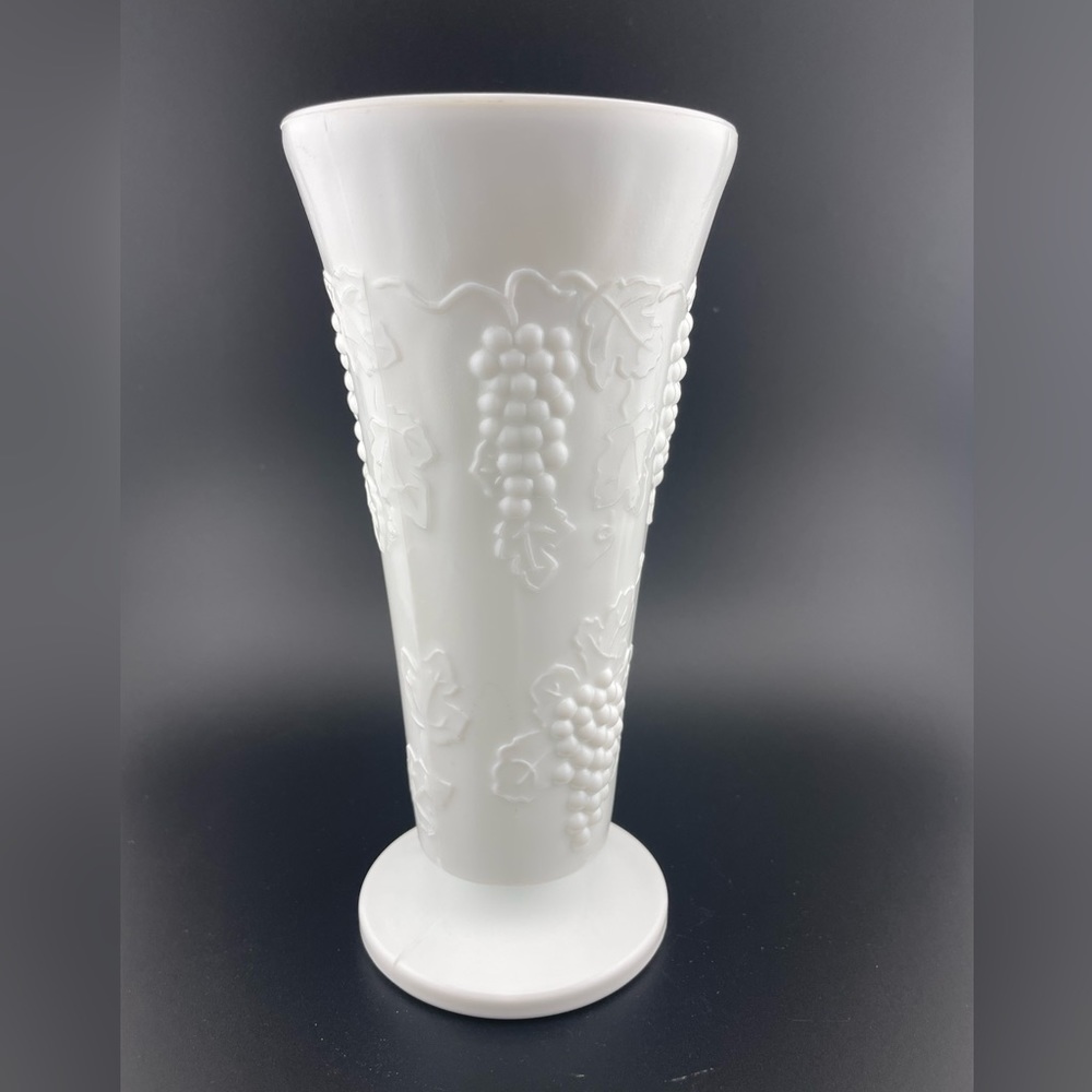 Vintage, Trumpet Vase, Milk Glass, Harvest Grape Pattern, by Colony Glass